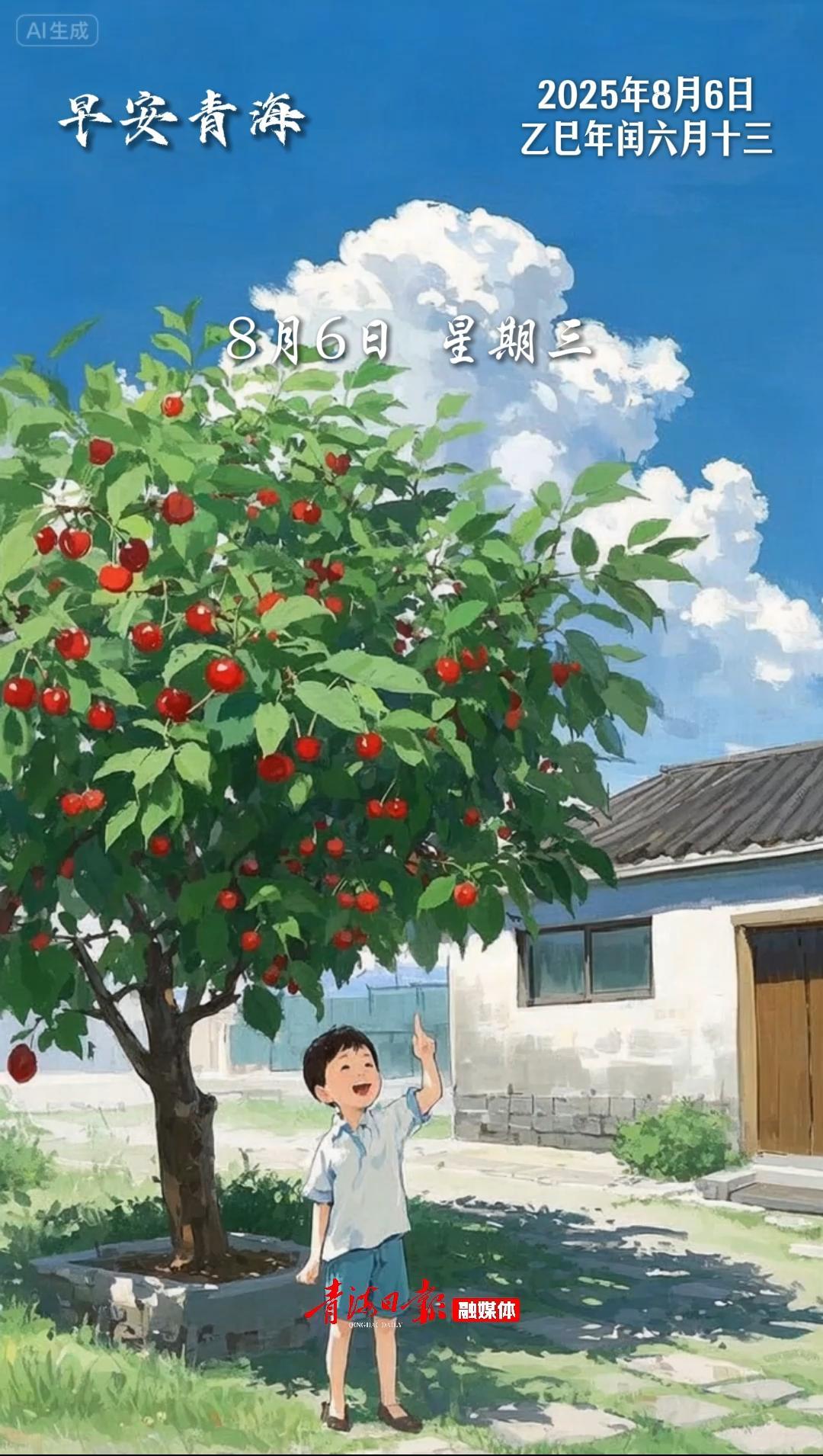 #早安青海 | 8月6日，星期三。晨露还挂在红玛瑙上，小手已经摘满整个夏天。早安，挂在枝头的童年！