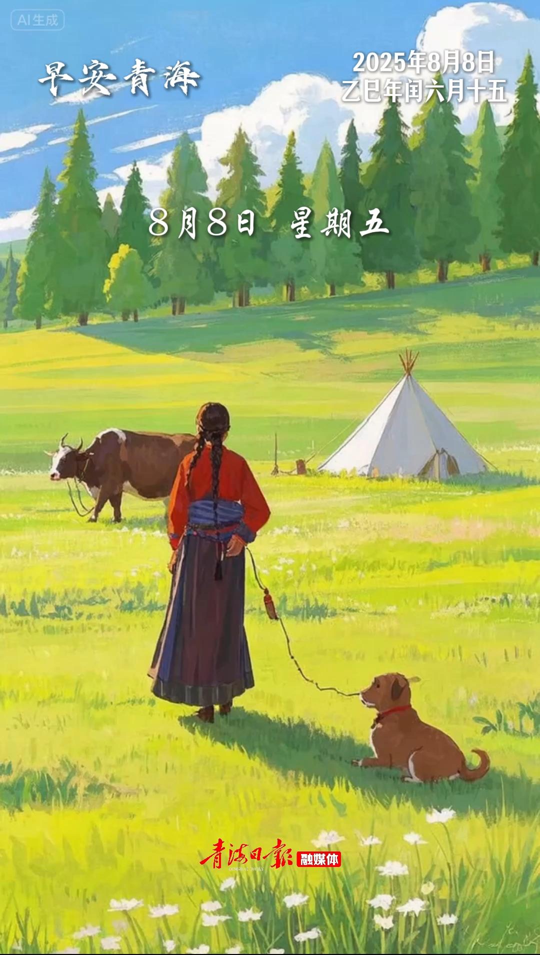 #早安青海 | 8月8日，星期五。帐篷刚睁开惺忪睡眼，牧羊犬已追着晨光撒欢，牦牛在旁偷笑。早安，会跳舞的草原！